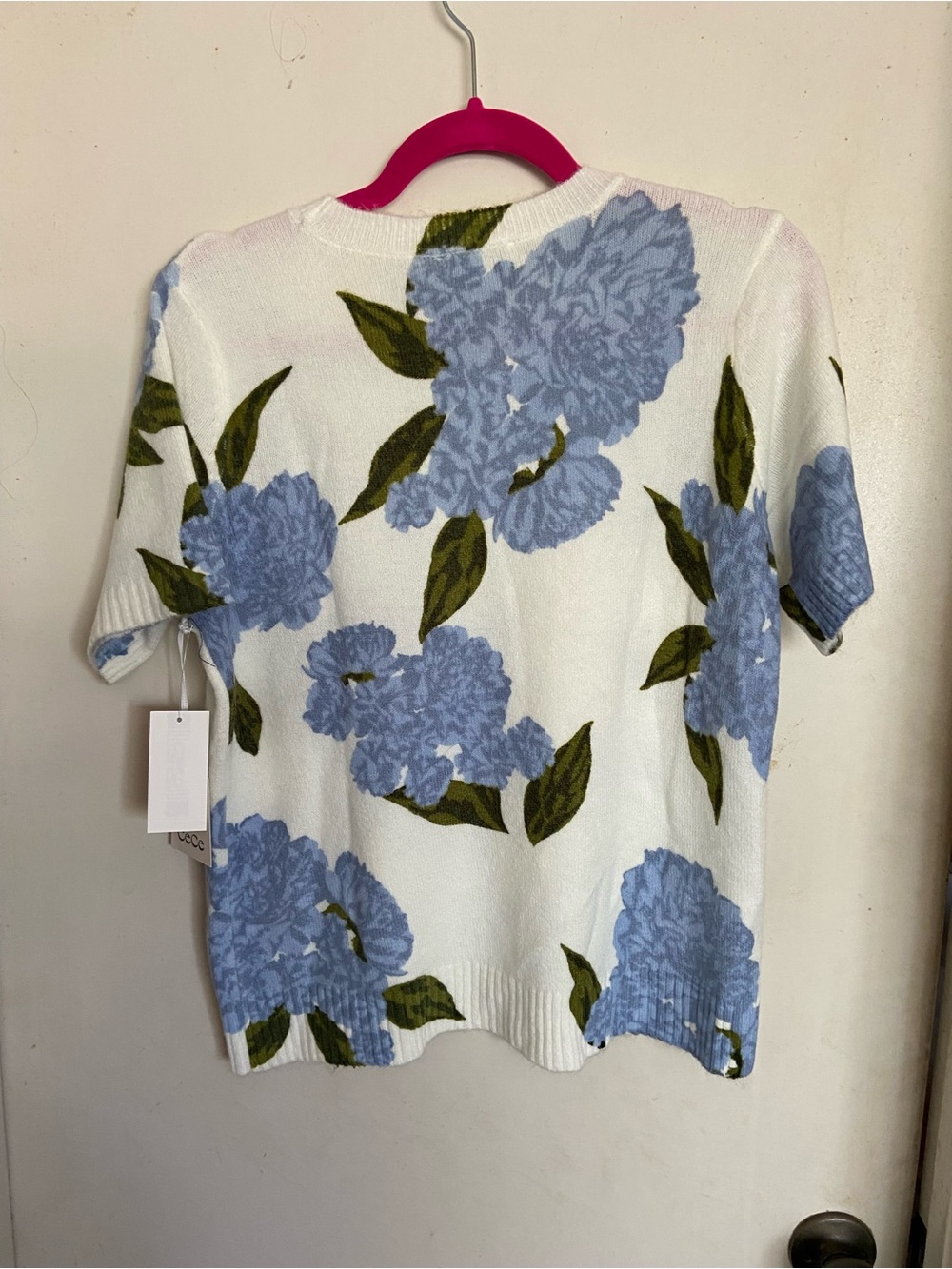 CeCe Cream Knit Top with Blue and Olive Floral Detail - Picture 2 of 5